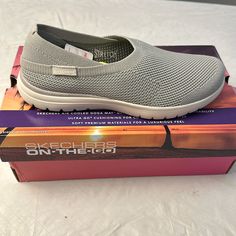 New In Box Skechers On The Go Sneakers In A Light Gray Mesh With White Soles. The Insoles Are Air Cooled Goga Mat. Designed For Comfort And Breathability. Very Good Condition. Please Ask If You Have Any Questions. Skechers Shoes, Womens Shoes Sneakers, Light Gray, The Go, Light Grey, Shoes Sneakers, Pie, Mesh, Women Shoes