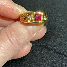 Stunning Brand New, Never Removed From Box Till Today To Photograph/ Mens Ruby And Diamond Gold Ring/Pinky Ring This Ring Is Well Done And Believable Faux Stones.Avon Rings Generally Don’t Tarnish. Gold Plated. No Water/Chemicals Etc Pinky Ring Mens Vintage, Vintage Male Wedding Rings, Mens Pinky Ring Vintage, Mens Fine Jewelry, Stone Rings For Men Gold, Men’s Gold Rings, Gold Jewelry Men, Mens Garnet Ring, Pinky Ring Mens