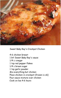 Sweet Baby Ray's Crockpot Chicken Sweet Baby Rays Crockpot Chicken, Baby Ray, Sweet Baby Ray, Healthy Slow Cooker, Nigella Lawson, Slow Cooker Recipes Healthy, Crockpot Dishes, Hot Fudge, Crockpot Recipes Slow Cooker