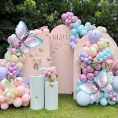 an outdoor birthday party with balloons and decorations on the grass, including pink and blue butterflies