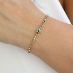 This stunning 14k Gold 6mm Evil Eye Bracelet is a perfect combination of style, symbolism, and protection. The intricate eye charm bracelet is crafted from 14k solid gold and symbolizes protection from negativity while bringing good luck to the wearer. The evil eye bracelet is designed with a durable gold rolo chain, making it a thoughtful and meaningful gift for her, ideal for occasions such as Christmas, Mother's Day, birthdays, and as a friendship gift. Its dainty design and spiritual signifi Eye Charm Bracelet, Meaningful Gifts For Her, Protection Jewelry, Good Luck Bracelet, Chain Making, Bracelet Christmas, Everyday Bracelet, Gold Armband, Blue Evil Eye