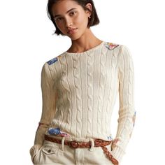 Brand New With Tag Polo Ralph Lauren Patchwork Cable Knit Pima Cotton Sweater. Size M. Retail: $198 Plus Tax. Beautiful & Unique! Color:Cream Patchwork. Material:100% Cotton Specialty: Patchwork Spun From Lustrous Cotton Yarns In A Creamy Hue, This Version Of Our Iconic Cable-Knit Jumper Features Colourful Madras And Floral-Print Patches A Nod To Polo's Signature Pattern Play. Designer Fitted White Sweater, White Fitted Designer Sweater, Ralph Lauren Sweater Women, Ralph Lauren Patchwork, Ralph Lauren Pullover, Cable Knit Jumper, Cable Sweater, Wool Turtleneck, Pattern Play