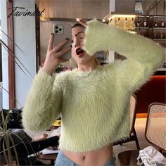 Tavimart New Winter Mohair Sweater Faux Mink Cashmere Short Pullover Sweater knitted sweater women y2k clothes korean fashion Measurement In CM Size Bust Sleeve Length Free 110 53 40 Measurement In Inch Size Bust Sleeve Length Free 43.3 20.9 15.7 Photos List