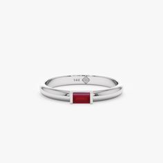 Annie Simplicity and elegance go hand in hand. This July Birthstone ring has a dome band, featuring a stunning natural baguette ruby in the middle. It is perfect for stacking. Wear it for yourself or gift it to someone you love. - Handmade- Solid Gold- Natural Ruby- The Width of the Band: 2 mm- The Height of the Setting: 1.8 mm- Total Ruby Carat Weight: 0.13 ctw All pieces come beautifully boxed in suede pouches you can always use when traveling! July Birthstone Ring, May Birthstone Rings, September Birthstone Rings, Gold Sapphire Ring, Baguette Ring, Handmade Fine Jewelry, Dome Ring, July Birthstone, Domed Ring