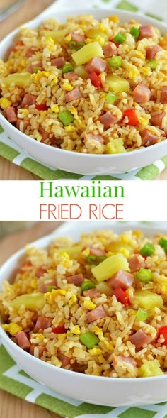 hawaiian fried rice with ham and vegetables in a white bowl