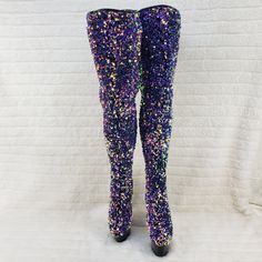 Adore 3020 Purple Multi Sequin High Heel Platform Thigh High Boots US Sizes NY | Totally Wicked Footwear Winter Club Platform Boots Fitted, Thigh-high Heeled Boots For Club In Winter, Fitted Thigh High Platform Boots, Fitted Thigh-high Boots For Club, Winter Party Heeled Boots, Winter Party Platform Boots, Winter Party Heeled Knee-high Boots, Fitted Thigh High Heeled Boots, Full Length Heeled Boots For Winter Party