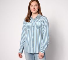 Love the classics? This striped Heavenly Jersey button-front top is the wardrobe staple you'll turn to for its timeless appeal -- and return to again and again for its forever-fresh design and flattering fit. From Denim & Co.® Fashions. Button Front Top, Fresh Design, Denim Blue, Stand Collar, Denim Women, 8 Plus, Knit Jersey, Blue Denim, Shirt Blouses