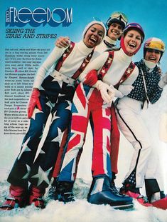 an advertisement for the american ski team featuring four skiers and one snowboarder