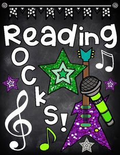 a sign that says reading rocks with a microphone and star on it, surrounded by music notes