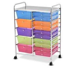 a multicolored storage cart with lots of bins