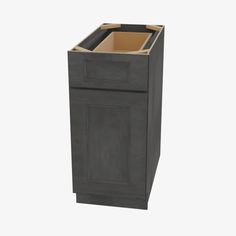 an image of a grey cabinet with a black drawer and brown door on the bottom