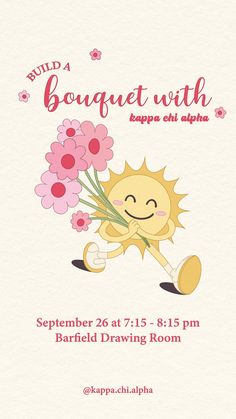 a flyer for a flower shop with a cartoon sun holding flowers in its arms and smiling