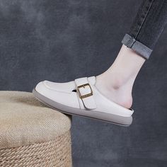 Gender: Women Type: Mules Main Materials: Cowhide Insole: Sheepskin Sole: Rubber Type of Closure: Slip-on Style: Daily. Casual. Retro Season: Spring. Summer. Autumn Heel Height: Low (2.5 cm) Spring Faux Leather Closed Toe Slip-ons, Beige Flat Bottom Slip-ons, Casual Faux Leather Slip-ons With Leather Sole, Beige Leather Slip-ons With Round Toe, Beige Leather Slip-ons With Flat Heel, Beige Leather Flat Heel Slip-ons, Leather Flat Bottom Slip-ons For Summer, Leather Slip-ons With Flat Soles For Summer, Leather Slip-ons With Flat Bottom For Summer