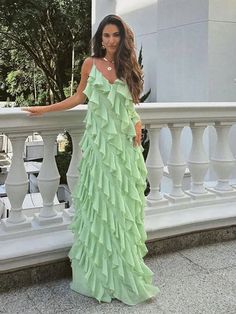 TAVIMART - Fashion Green Women Sling Maxi Dress Elegant V-neck Sleeveless Slim Dresses 2024 Summer Female Chic Beach Vacation Robes Maxi Dress Elegant, Ruffle Long Dress, Loose Summer Dress, Strap Dresses, Sophisticated Dress, Backless Mini Dress, Dresses 2024, Summer Party Dress, Loose Style