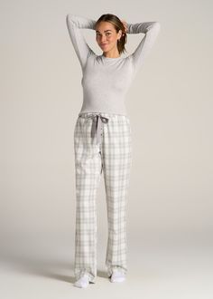 About Our Women’s Tall Flannel Pajamas You’ll never want to get out of bed when you’re wearing these women’s tall pajama pants. For years, tall women have had to settle for PJs that are way too short and fit in all the wrong places, but not anymore. You loved our classic flannel PJs and now we’re bringing you a pair with a regular fit and an open-bottom leg with all the length you need. These pajama pants have been designed exclusively for women between 5’9” and 6’6” with two different length op White Pajamas Women, Plaid Pjs Outfit, Pj Pants Aesthetic, Pyjamas Aesthetic, Sleepwear Aesthetic, Pajama Pants Outfit, Fuzzy Pj Pants, Head Turning Outfits, Flannel Pj Pants