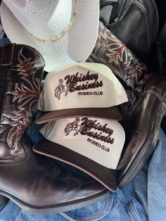 - Whiskey Business Rodeo Club - brown vintage trucker hat! - In collaboration with Caleigh Hardy! Retro Snapback Hats For Country Events, Retro Trucker Hat For Country Events, Vintage Trucker Hat For Country Events, Retro White Hat For Rodeo, Vintage Snapback Trucker Hat For Country Events, Retro Adjustable Trucker Hat For Country Events, Vintage Rodeo Baseball Cap With Curved Brim, Vintage Style Trucker Hat For Rodeo, Vintage Trucker Hat For Rodeo