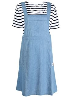 cotton dungaree dress from CHOCOOLATE featuring blue, cotton, square neck, sleeveless, chest patch pocket and slip pockets to the sides. Casual Suspender Dress With Pockets For Summer, Casual Summer Suspender Dress With Pockets, Blue Cotton Dress With Pockets, Cotton Workwear Overalls With Slip Pockets, Cotton Overalls With Slip Pockets For Workwear, Summer Cotton Dresses With Patch Pockets, Sleeveless Blue Cotton Overalls, Spring Cotton Pinafore Dress With Pockets, Casual Cotton Overalls With Slip Pockets