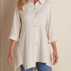 New With Tag No Stains No Rips No Flaws Size S Tan White Striped Buttons Front Smoke And Pet Free Home Armpit To Armpit Laying Flat-19 Length-30 Sleeve Length-19 T6 Casual High-low Hem Blouse For Spring, Casual Asymmetrical Hem Tops For Daywear, Casual Asymmetrical Hem Blouse For Day Out, Casual Blouse With Asymmetrical Hem For Day Out, White Asymmetrical Hem Top For Daywear, Casual Workwear Blouse With High-low Hem, White Top With Curved Hem For Spring, White Curved Hem Top For Spring, Casual High-low Hem Blouse For Work