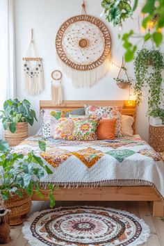 a bedroom with white walls and lots of plants