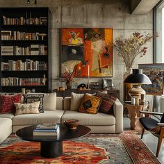 a living room filled with furniture and lots of books