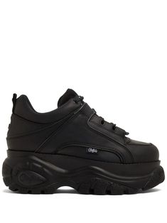 black leather patent finish logo patch at the tongue panelled design pull-tab at the heel front lace-up fastening chunky rubber sole Black Y2k Shoes, Buffalo Sneakers, Buffalo Shoes, Black Y2k, Wide Heels, Balenciaga Track, Mini Logo, Monochrome Design, Bag Suitcase