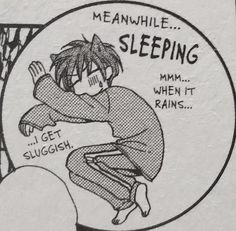 a black and white drawing of a person sleeping on a plate with the words mean while sleeping