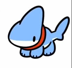 a drawing of a blue fish with a red collar on it's neck and feet