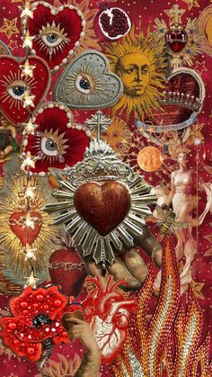 an artistic painting with many different items on the subject, including hearts and sunbursts