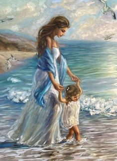 a painting of a mother and child on the beach