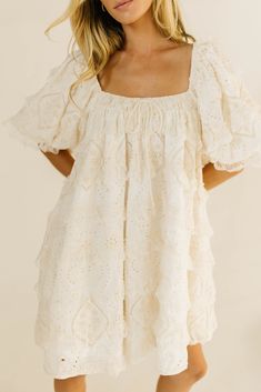 have your main character moment with this dreamy ivory puff sleeve mini dress. featuring dainty lace trim details + an elegant square neckline, this dress has heirloom-quality energy. from bridal showers to dinner dates, it’s guaranteed to be your new go-to. off white // mini length, scoop neckline, elastic neckline, lined, front bow detail, pockets, elastic cuffs model is 5'8" + wearing a small measurements are approximate + taken while laying flat xsmall : bust 32” length 31.5” small : bust 34 Dreamy White Dress, Cute Church Dresses, Fall Preppy Outfits, Main Character Moment, Bride Era, Dream Prom Dress, Dinner Dates, Puff Sleeve Mini Dress, Casual Preppy Outfits