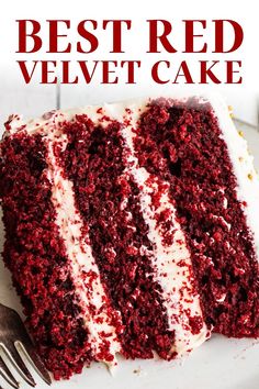 a slice of red velvet cake on a plate with the words best red velvet cake