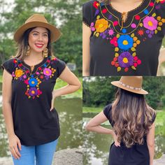 This Beautiful Floral Hand Embroidered Blouse is the perfect Top for Everyday use or a special event. This blouse is hand embroidered by Mexican Artisans and is completely one of a kind! This blouse comes in one size which fits sizes Small and Medium. More Colors Available here: https://www.etsy.com/es/listing/820969974/blusa-floral-bordado-a-mano-blusa-floral?ref=listing_published_alert Bohemian V-neck Embroidered Top, Bohemian V-neck Blouse With Multicolor Embroidery, Colorful Bohemian Short Sleeve Tops, Bohemian Multicolor Embroidered V-neck Top, Bohemian Embroidered V-neck Top, Black Bohemian Tops For Festivals, Summer Festival Embroidered Top With Boho Collar, Summer Bohemian Embroidered Top With Intricate Embroidery, Bohemian Tops With Geometric Embroidery For Vacation