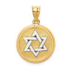 14k Yellow White Gold Satin Polished Finish Star of David Disc Pendant Gold Satin, Disc Pendant, Star Of David, Satin Finish, Charm Pendant, Charms, Satin, Pendant, Gold