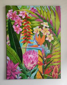 a painting of tropical flowers and plants on a wall