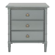 a gray nightstand with three drawers and two gold knobs on the bottom, against a white background