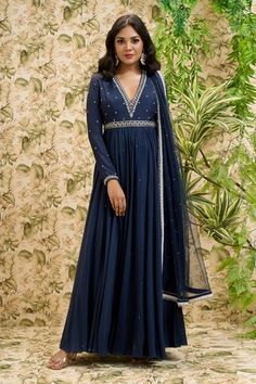 Shop for Ariyana Couture Blue Sequin And Bead Work Anarkali Set for Women Online at Aza Fashions Anarkali Neck Designs, Blue Anarkali Dress, Anarkali Designs, Anarkali With Dupatta, Sheer Dupatta, Desi Vibes, Blue Anarkali, Function Dresses, Butterfly Net