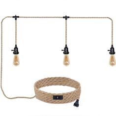 three light bulbs hanging from a rope with two cords attached to the lightshade