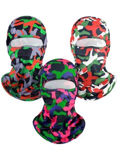 three different color camo ski maskes with one on the left and one on the right