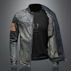 Denim Long Sleeve Biker Jacket For Winter, Urban Denim Biker Jacket For Winter, Denim Biker Jacket With Long Sleeves For Winter, Black Denim Biker Jacket With Long Sleeves, Winter Denim Biker Jacket With Long Sleeves, Fitted Biker Denim Jacket For Winter, Fitted Denim Biker Jacket For Streetwear, Winter Long Sleeve Denim Biker Jacket, Urban Spring Biker Jacket For Outdoor