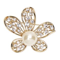 With plenty of pizzazz, this ready-to-wear brooch sparkles with glass rhinestone petals accented by a glass pearl center. This eye-catching pin is ideal for gift-giving, counter sales or a quick on-the-go accessory. Colors, shapes and sizes may vary in each lot. Gold Flower-shaped Brooch With Floral Decoration, Gold Flower-shaped Brooches For Wedding, Gold Party Brooches With Flower Decoration, Gold Wedding Brooches In Flower Shape, Gold Flower-shaped Wedding Brooches, Gold Flower Shaped Wedding Brooches, Gold Pearl Brooches For Party, Gold Flower-shaped Brooch With Rhinestones, Gold Flower-shaped Rhinestone Brooches