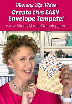 a woman holding up an envelope with the text friday tip video create this easy envelope template