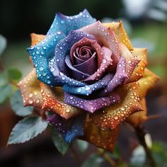 a multicolored rose with water droplets on it