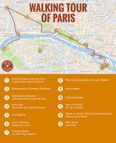 an orange and white map with the words walking tour of paris on it's side