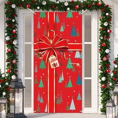 a red door decorated with christmas trees and presents