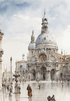 a painting of people walking around in front of a large building with a dome on top