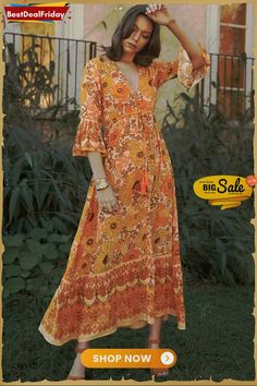 Bestdealfriday Orange Lady Love Maxi Dress P1480347 Casual Long Sleeve Maxi Dress For Holiday, Retro Printed Brunch Dress, Vintage Fall Beach Maxi Dress, Spring Vacation Vintage Boho Dress, Retro Printed Dress For Brunch, Fall Beach Vintage Maxi Dress, Vintage Beach Maxi Dress For Fall, Vintage Boho Dress For Spring Vacation, Retro V-neck Maxi Dress For Spring