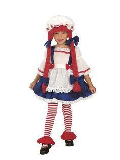 This adorable Rag Doll costume is perfect for your little girl. The Yarn Babies Rag Doll Girl Toddler / Child Costume is a sweetly detailed doll costume that brings your right back to yesteryear. Just like Raggedy Anne, the pretty blue dress is detailed with white top and sleeves, stitched with a red accent and finished with a lace hem on the skirt. Attached is darling white apron, just like a real doll. Complete the look with sweet cap with red stitching and attached red braided yarn wig. Your Rag Doll Halloween Costume, Raggedy Ann Costume, Rag Doll Costume, Rag Doll Dress, Yarn Wig, Baby Kostüm, Doll Halloween Costume, Toddler Halloween Costumes, Toddler Costumes