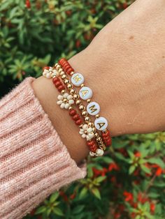 Popular Beaded Jewelry, Seed Bead Name Bracelet, Fall Etsy Ideas, Stacking Beaded Bracelets, Letter Bracelets Ideas, Beaded Bracelets Seed Beads, Thanksgiving Beaded Bracelets, Seed Bead Bracelet Design Ideas, Beaded Bracelet Sets