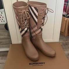 Burberry Waterproof Rubber Rain Boots With Signature Check Canvas And Faux Leather Trim. Brand New In Box With Tag. Beige Waterproof Winter Boots, Winter Beige Waterproof Boots, Beige Waterproof Boots For Fall, Insulated Boots For Rainy Fall Weather, Ankle Boots For Rainy Weather In Fall, Ankle Boots For Rainy Weather And Fall, Waterproof Leather Rain Boots, Beige Insulated Boots For Outdoor, Insulated Beige Boots For Outdoor