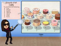 a cartoon character holding a magnifying glass in front of a display with cakes on it